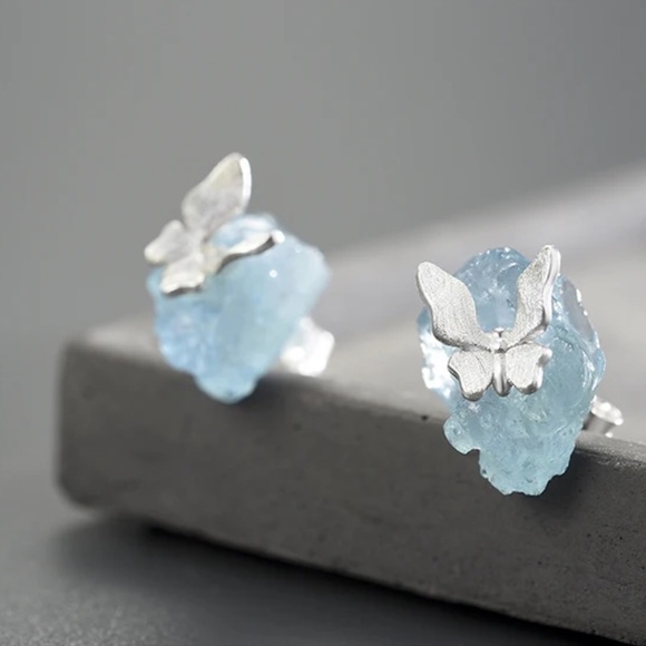 925 Silver Artisan Handmade Natural Aquamarine Butterfly The Zahir Ear… - Picture 4 of 13